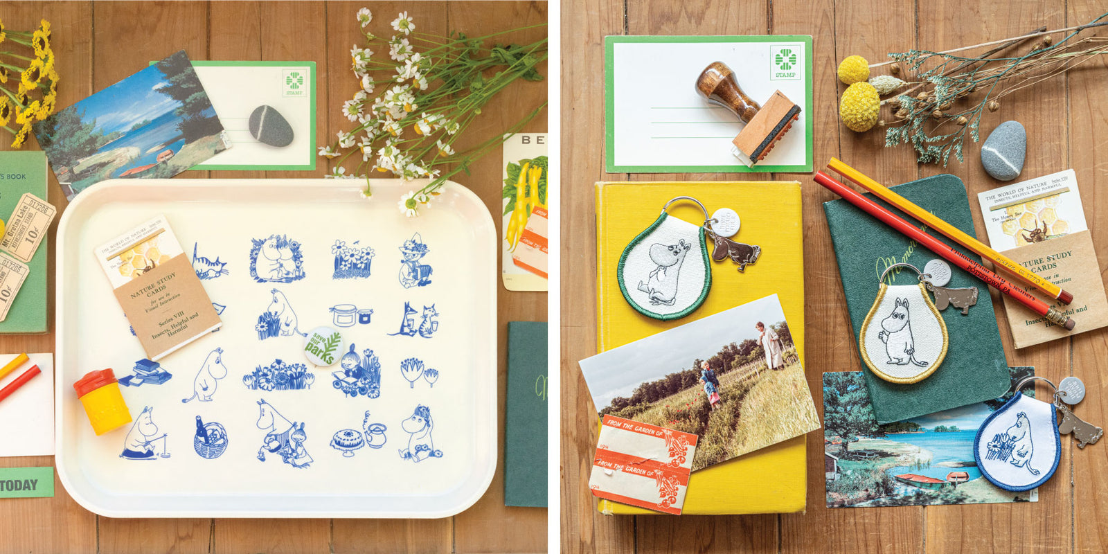 An official Moomins tray and fabric keyrings from Three Potato Four