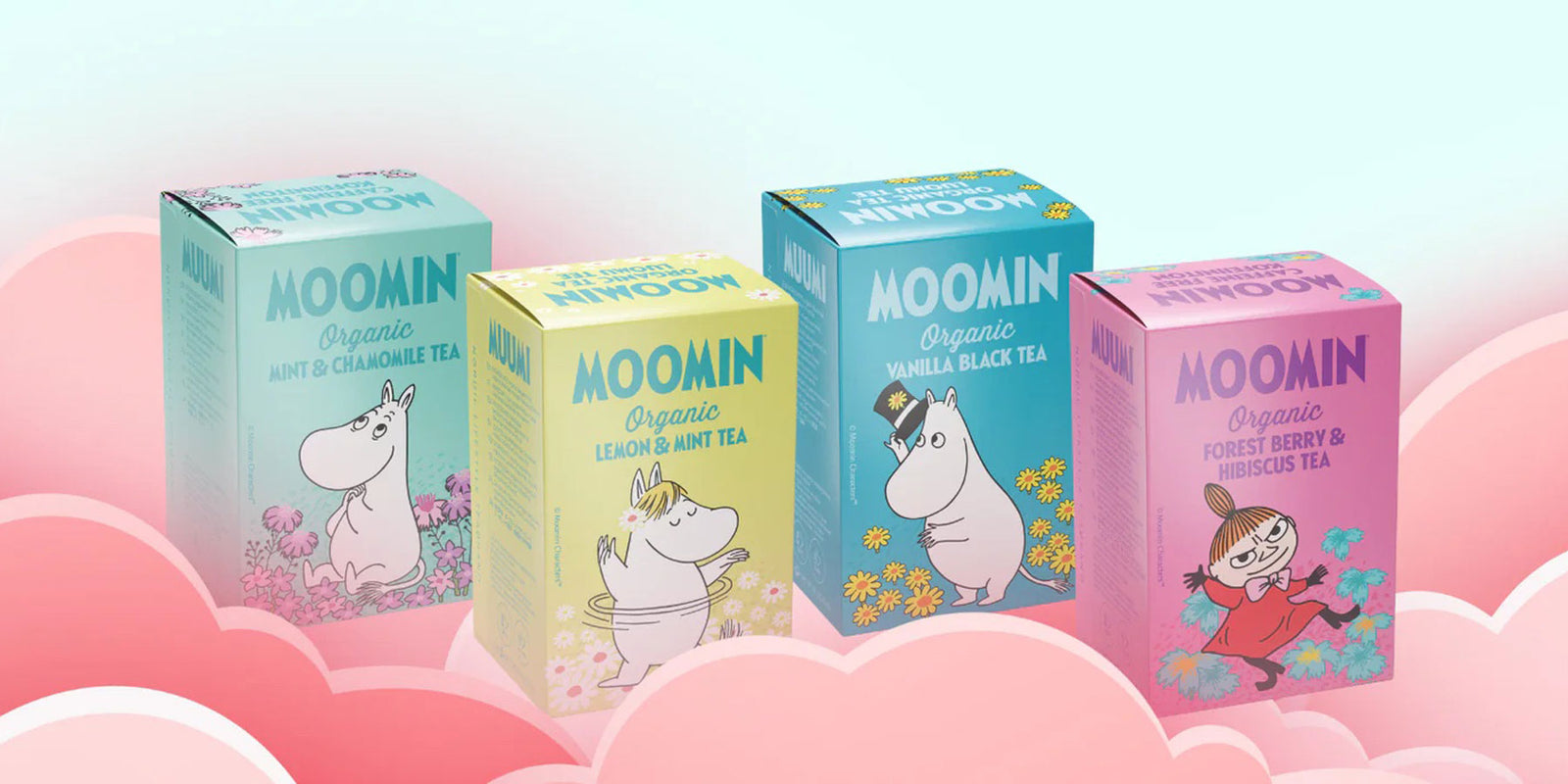 Four new Moomin Organic Teas from Nordqvist sitting on a cloud