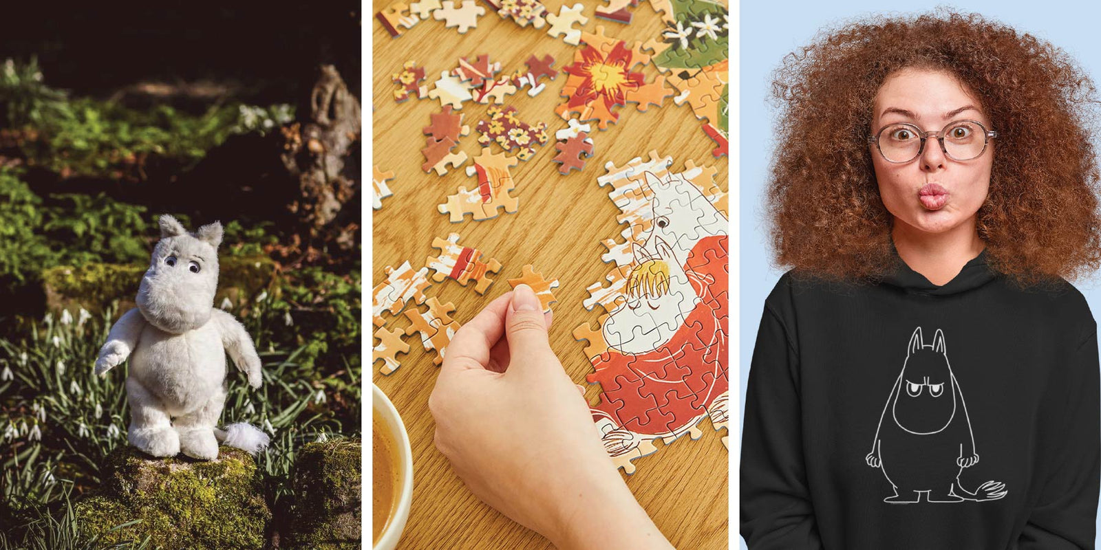 Three popular Moomins GIfts - A Moomintroll plush, a jigsaw puzzle and an Angry Moomintroll Adult Sweatshirt