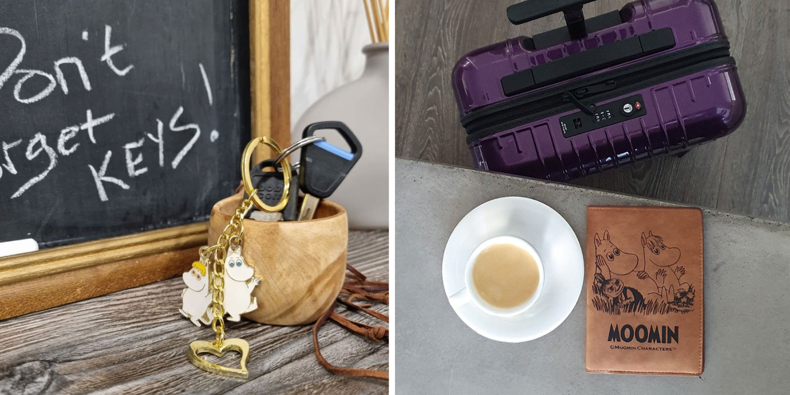 A selection of small Moomin accessories from TMF-Trade including a keychain and passport holder